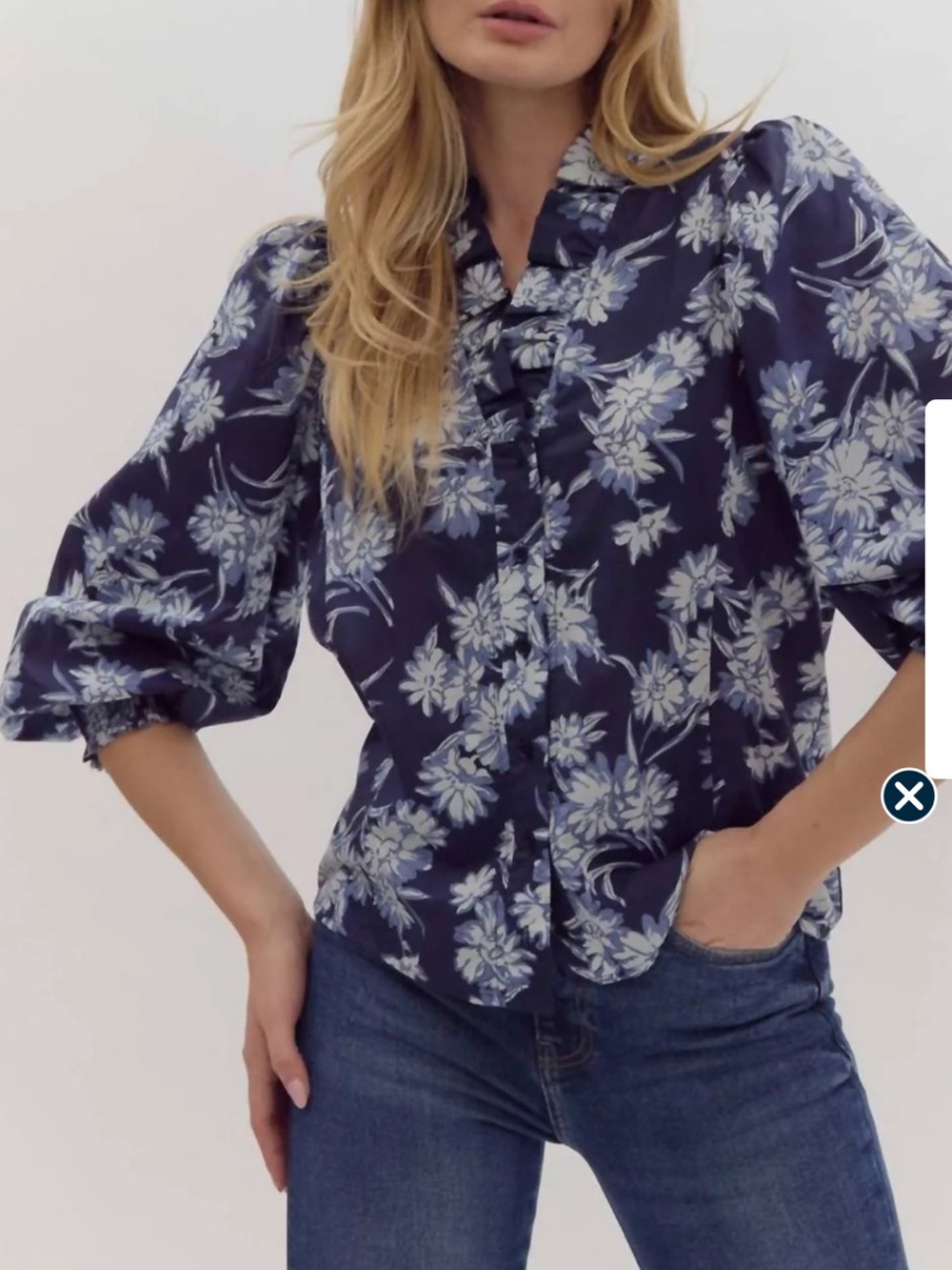 Floral Ruffle-Trim Button-Front Top - Navy Blue
